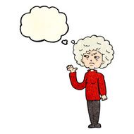 cartoon annoyed old woman waving with thought bubble N11