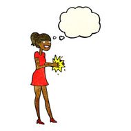 cartoon woman clapping hands with thought bubble N11