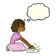 cartoon woman scrubbing floor with thought bubble N11