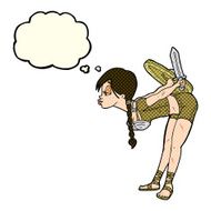 cartoon viking girl bowing with thought bubble N9
