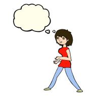 cartoon woman walking with thought bubble N11