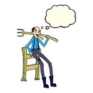 cartoon old farmer leaning on fence with thought bubble N10