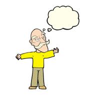cartoon old man spreading arms wide with thought bubble N11