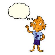 cartoon waving fish boy with thought bubble N11