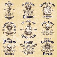 Set of vintage hand drawn pirates designed emblems labels logos