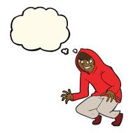 cartoon mischievous boy in hooded top with thought bubble N10