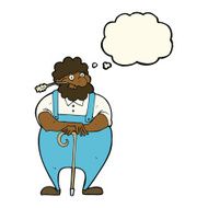 cartoon farmer leaning on walking stick with thought bubble N9
