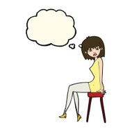 cartoon woman sitting on stool with thought bubble N22