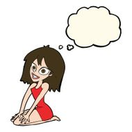 cartoon happy woman in dress with thought bubble N30