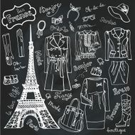 Paris Fashion Clothing set Doodle Sketch Chalkboard outline