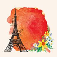 Paris card Eiffel tower Watercolor Narcissus bouquet spot