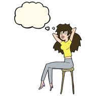 cartoon woman posing on stool with thought bubble N11