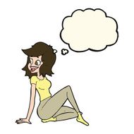 cartoon pretty woman looking happy with thought bubble N11