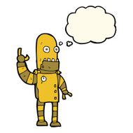 cartoon waving gold robot with thought bubble N4