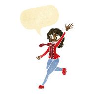 cartoon woman waving dressed for winter with speech bubble N11