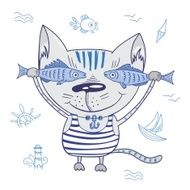 Funny Vector Cat with Fishes