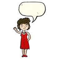 cartoon hippie woman waving with speech bubble N12