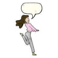 cartoon happy girl kicking out leg with speech bubble N11