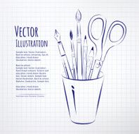 Brushes pen pencils and scissors in holder
