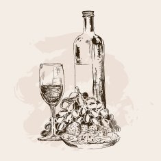 Bottle of wine glass grapes and snacks N2