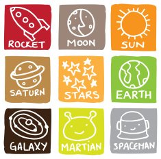 Moon and space icons blocks