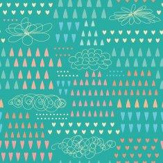 Doodle rain seamless pattern with colorful heart-shaped dro
