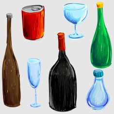 Bottles and drinkware collection in colour sketch style