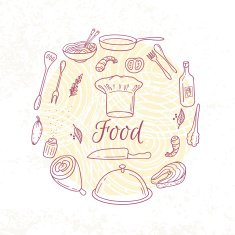 Round card with outline food icons Doodle elements for menu