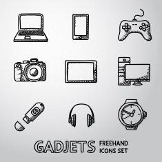 Set of handdrawn GADGET icons with - notebook phone gamepad