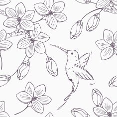 Hand drawn monochrome version of seamless pattern with humming bird