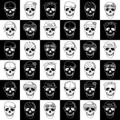 Seamless pattern hand drawn skulls with hats on chessboard