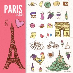 Set of Paris landmarks and icons doodle vector
