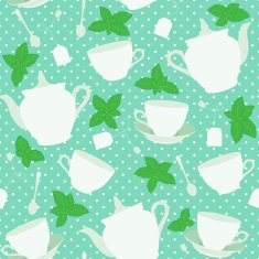 Seamless pattern with cups and teapots mint