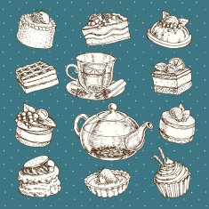 set of illustrations with tea and a variety desserts