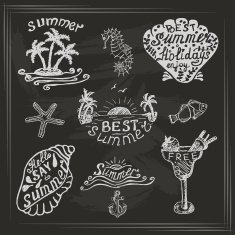 Set of elements for summer calligraphic design on dark background