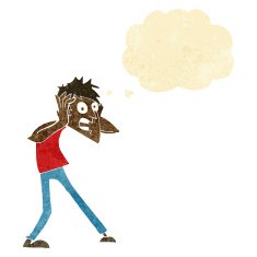 cartoon man panicking with thought bubble N59
