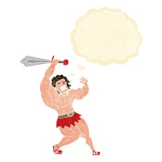 cartoon barbarian hero with thought bubble N10