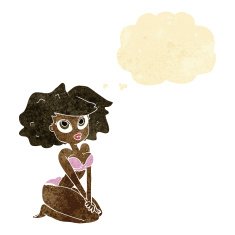 cartoon woman wearing bikini with thought bubble N10