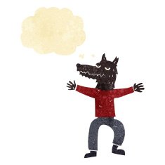cartoon wolf man with thought bubble N61