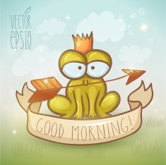 Card template with vintage ribbon and frog holding gold arrow