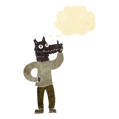 cartoon werewolf with idea thought bubble N7