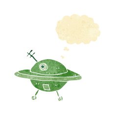 cartoon flying saucer with thought bubble N5