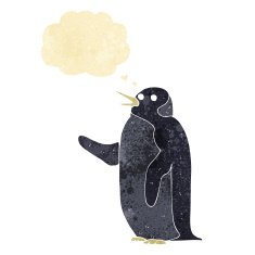 cartoon penguin waving with thought bubble N7