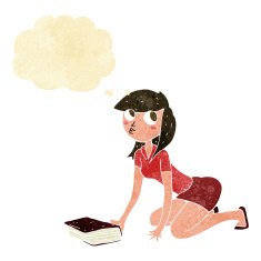 cartoon girl picking up book with thought bubble N11