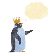 cartoon penguin wearing crown with thought bubble N3