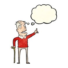 cartoon old man with walking stick thought bubble N11