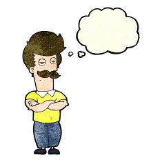 cartoon mustache muscle man with thought bubble N11