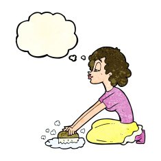 cartoon woman scrubbing floor with thought bubble N10