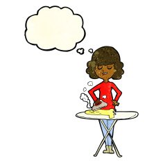 cartoon woman ironing with thought bubble N9