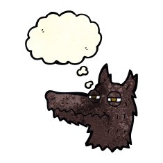 cartoon smug wolf face with thought bubble N7
